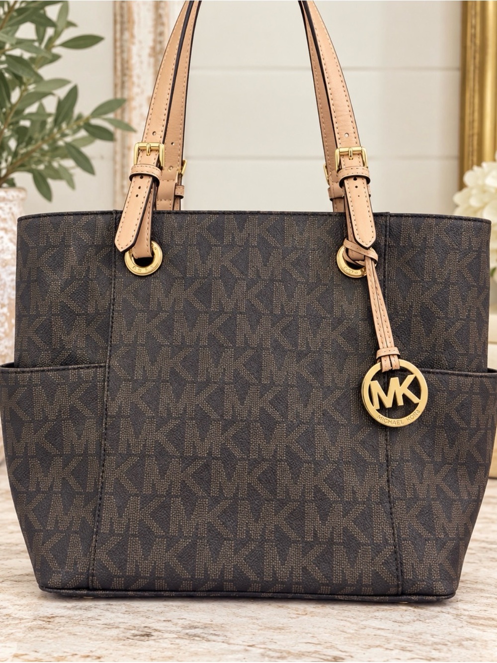 Michael Kors Jet Set Large Signature Logo Tote Bag - Brown/Tan